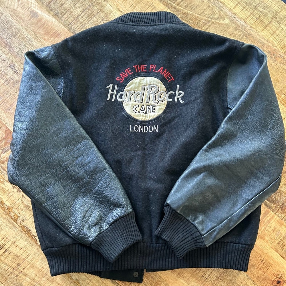 Hard Rock Cafe London Vintage Varsity Jacket Black Wool Leather Sleeves Mens M